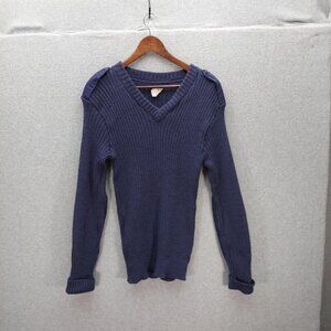 British Brigade Guernsey Wool Sweater Mens Size 42 Navy Blue V-Neck Ribbed Knit